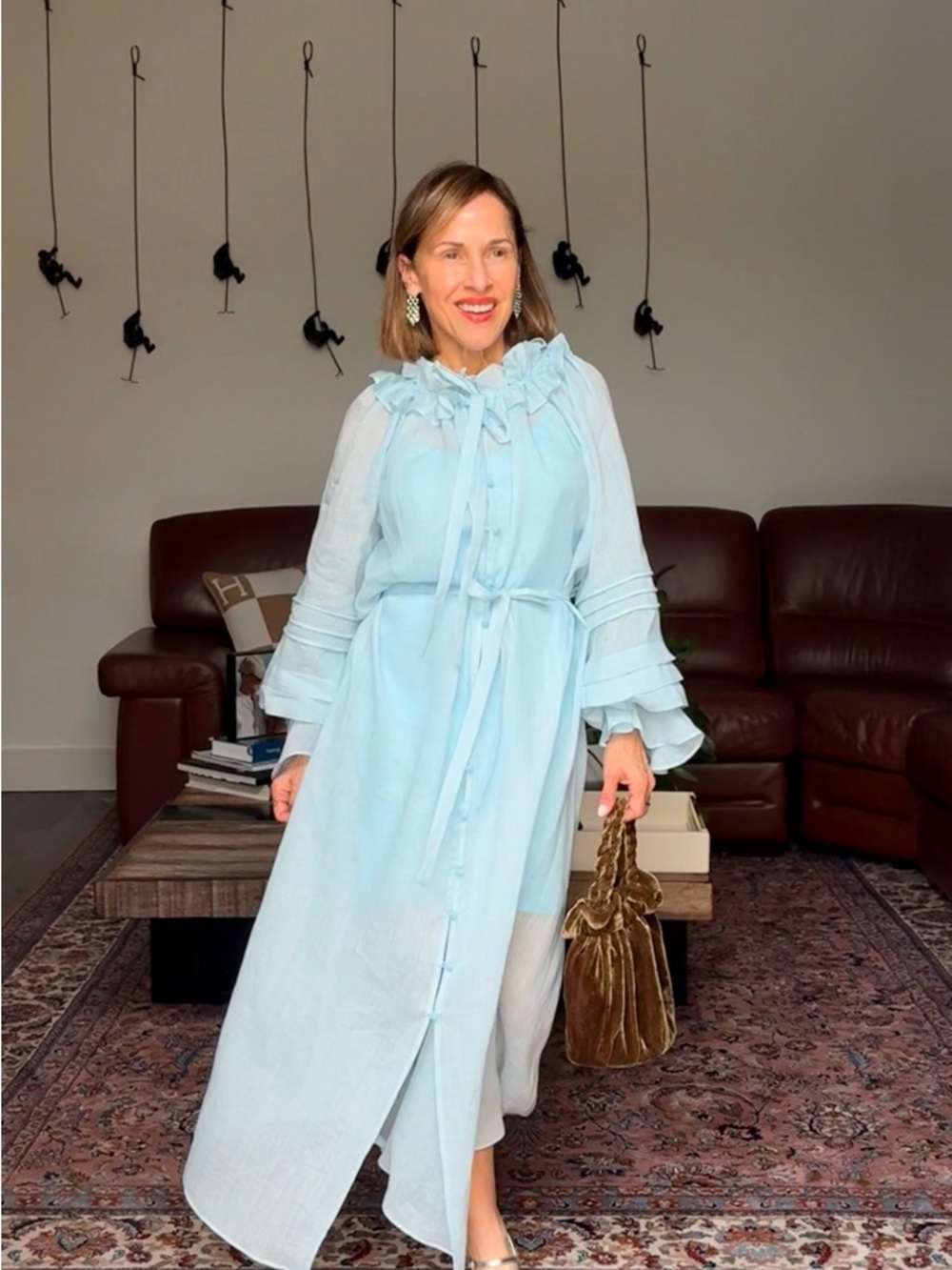 Zimmermann Pale Blue Ruffle Tie-Neck Maxi Dress